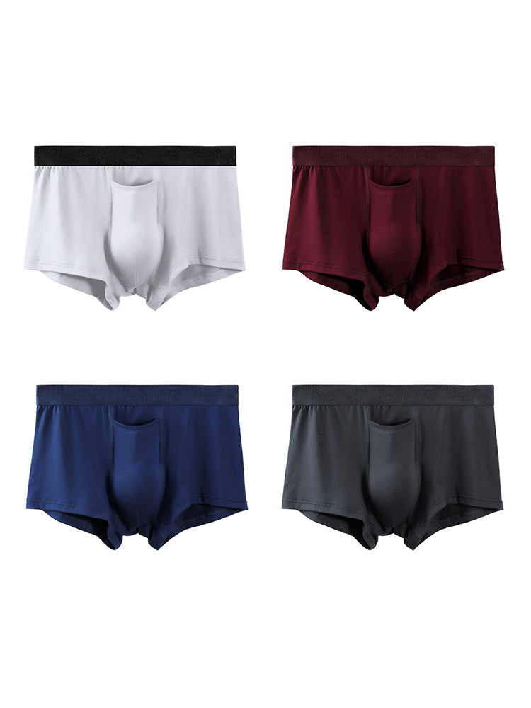 4 Pack Men's Solid Color Separation Pouch Style Separated Breathable Rayon Trunks