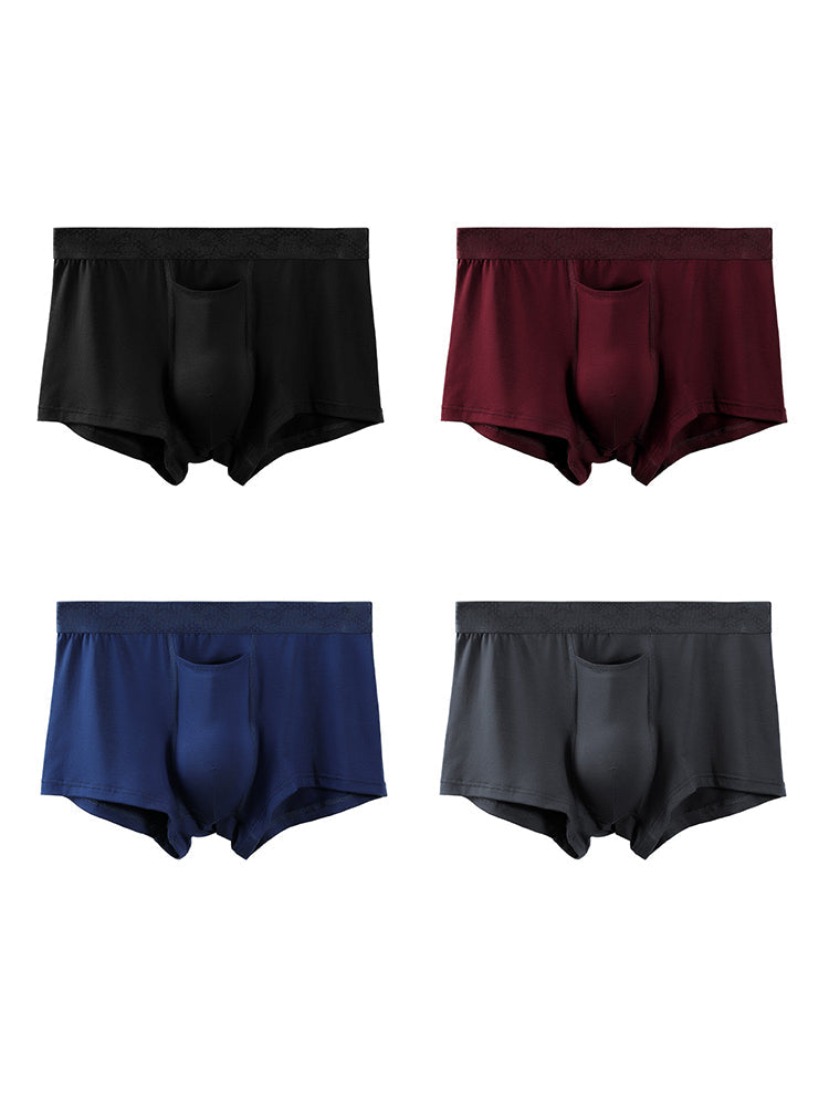 4 Pack Men's Solid Color Separation Pouch Style Separated Breathable Rayon Trunks
