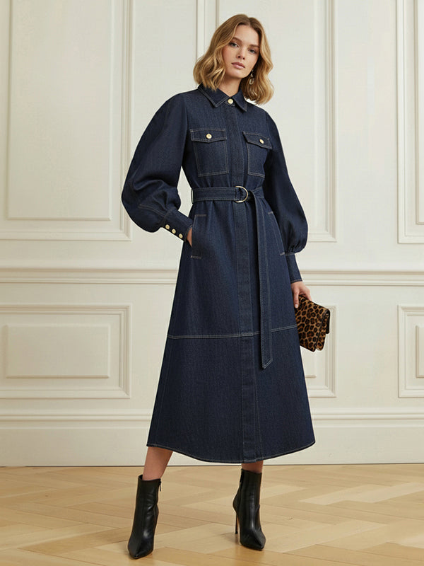 Puff Sleeves Belted Buttoned Pockets Split-Joint Lapel Midi Dresses
