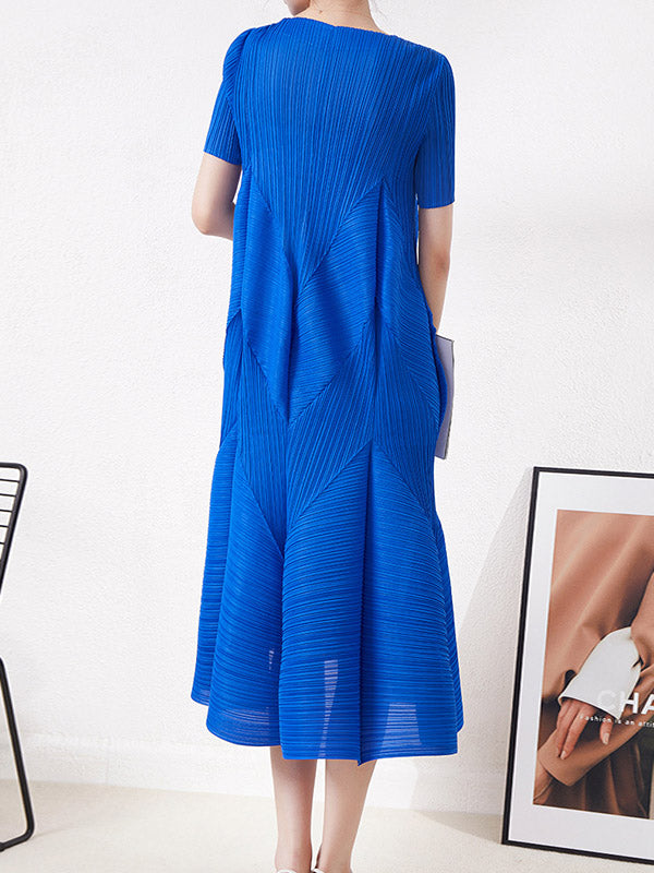 High Waisted Loose Pleated Solid Color Round-Neck Midi Dresses