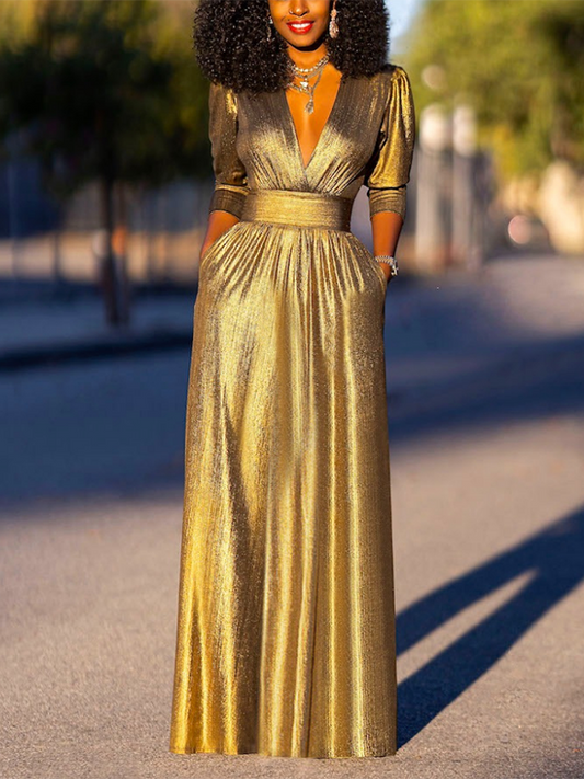 Half Sleeves Puff Sleeves Shiny Solid Color Deep V-Neck Maxi Dresses