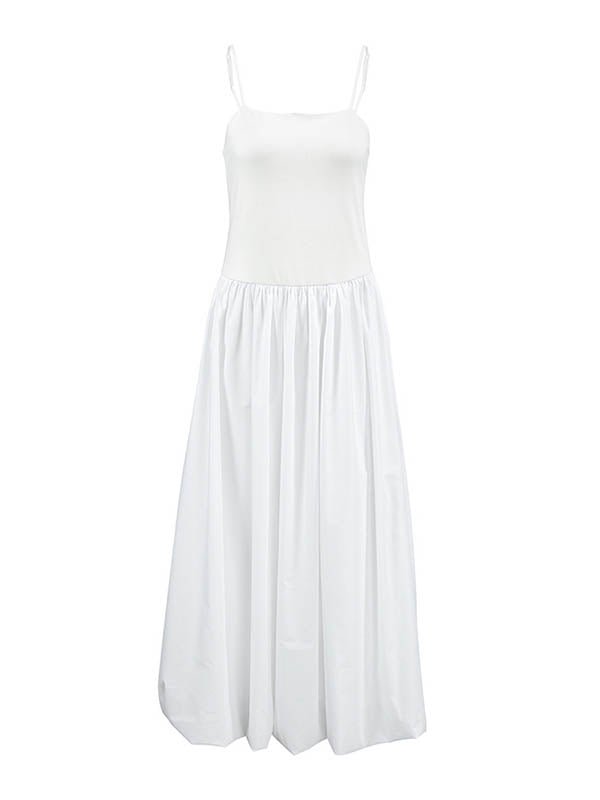Loose Sleeveless Pleated Solid Color Split-Joint Spaghetti-Neck Midi Dresses