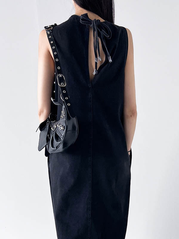 A-Line Loose Pockets Solid Color Tied Round-Neck Maxi Dresses