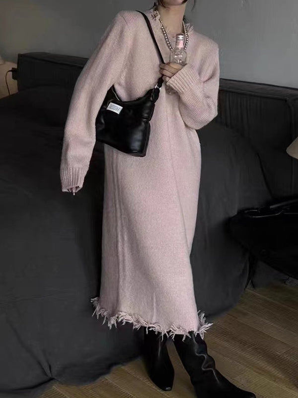 High Waisted Long Sleeves Fringed Solid Color Round-Neck Midi Dresses Sweater Dresses