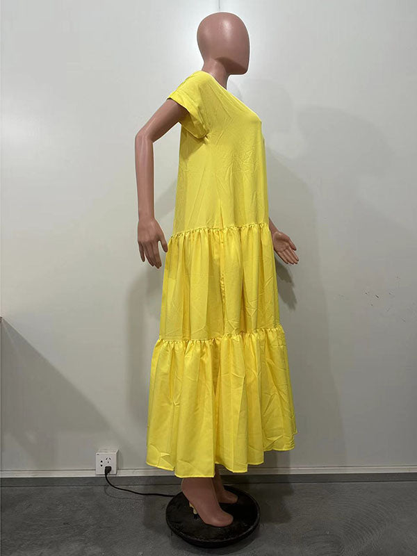 A-Line Loose Pleated Solid Color Split-Joint V-Neck Maxi Dresses