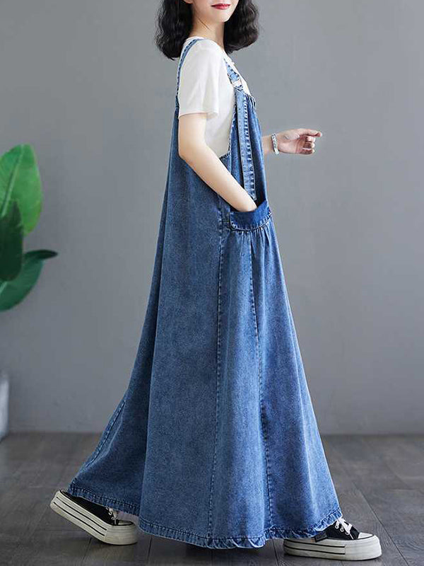 A-Line Loose Pleated Pockets Split-Joint Spaghetti-Neck Maxi Dresses Suspender Dress