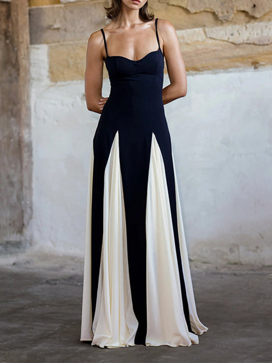 High Waisted Sleeveless Backless Contrast Color Pleated Split-Joint Spaghetti-Neck Maxi Dresses