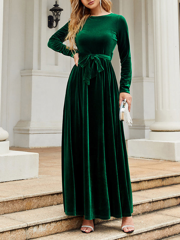 Long Sleeves Wrap Belted Pleated Solid Color Zipper Round-Neck Maxi Dresses