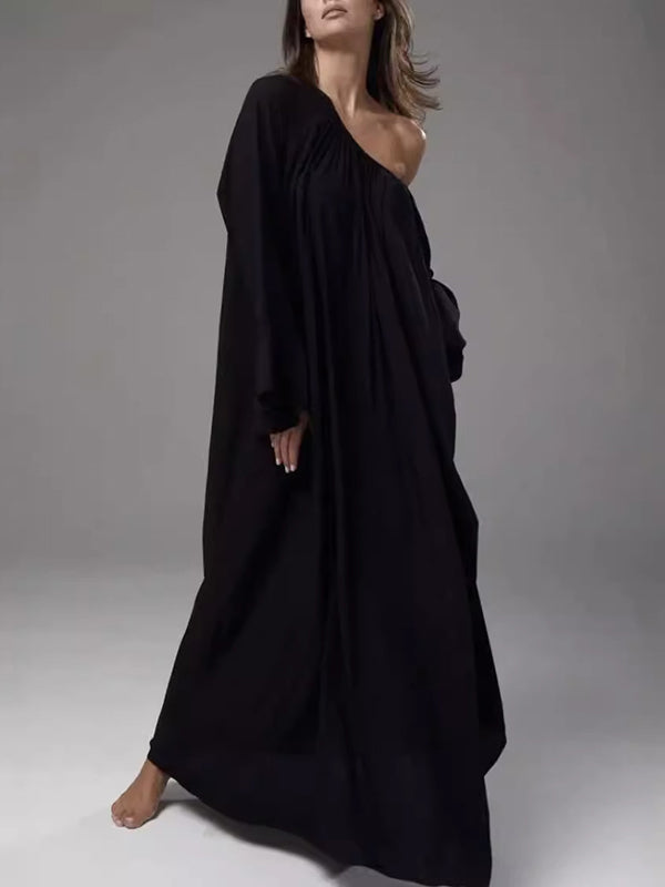 Flared Sleeves Loose Pleated Solid Color Split-Joint Round-Neck Maxi Dresses