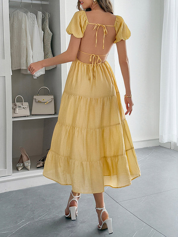 A-Line Loose Backless Pleated Solid Color Tied V-Neck Midi Dresses