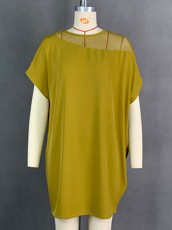 Loose Raglan Sleeve Mesh Split-Joint Round-Neck Mini Dresses