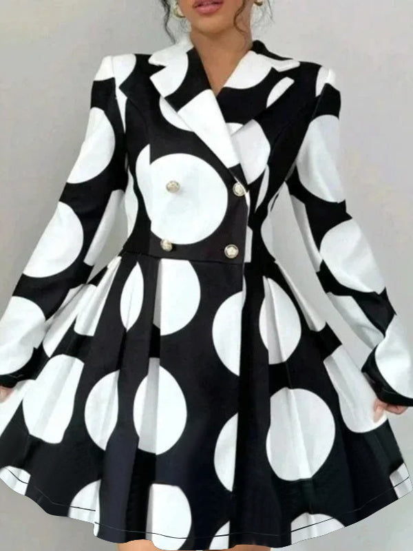 A-line High Waisted Buttoned Contrast Color Pleated Polka-Dot Lapel Mini Dresses