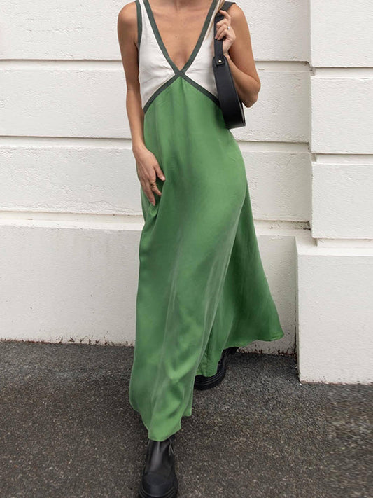 Loose Sleeveless Contrast Color Split-Joint Deep V-Neck Maxi Dresses