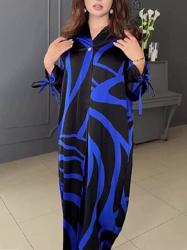 Long Sleeves Loose Buttoned Contrast Color Printed Maxi Dresses Shirt Dress