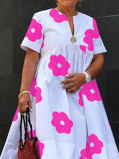 A-Line Loose Flower Print Pleated Split-Joint Round-Neck Midi Dresses