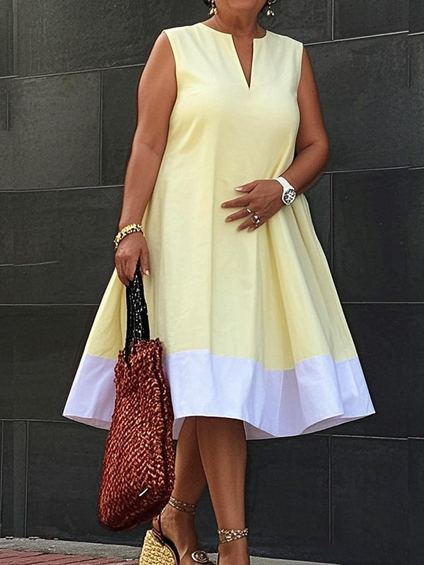 A-Line Loose Contrast Color Pockets V-Neck Midi Dresses