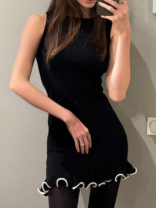 High Waisted Sleeveless Ruffle Trim Solid Color Round-Neck Mini Dresses