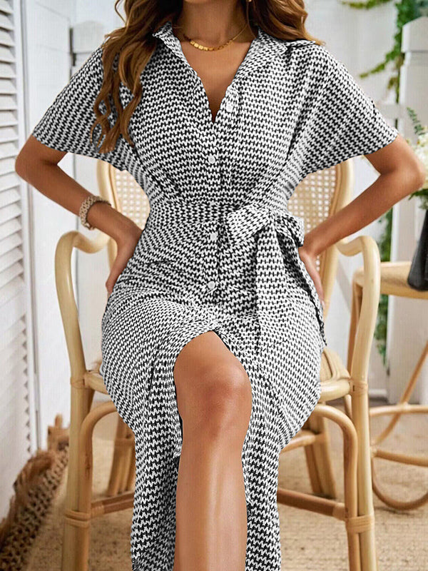Bodycon Half Sleeves Buttoned Contrast Color Tied Waist Lapel Midi Dresses
