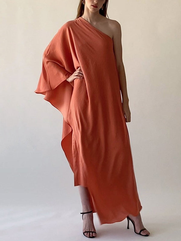 Loose Asymmetric Solid Color One-Shoulder Maxi Dresses