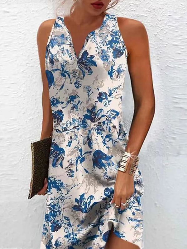 Loose Plus Size Printed Split-Joint V-Neck Mini Dresses