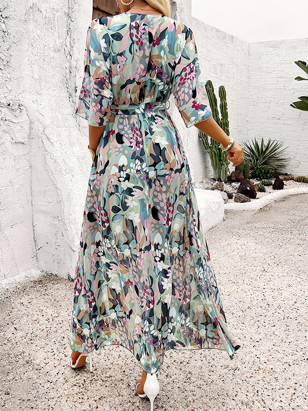 Half Sleeves Loose Flower Print Split-Side Tied Waist V-Neck Maxi Dresses