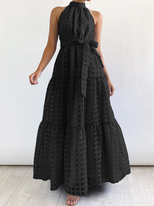 Loose Sleeveless Plaid Ribbed Stand Collar Maxi Dresses