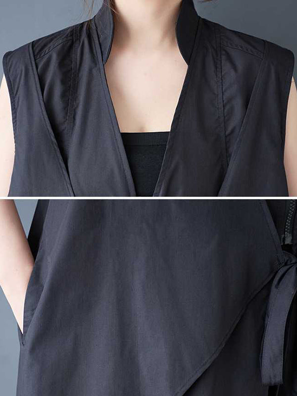 A-Line Loose Pockets Solid Color Tied Zipper V-Neck Midi Dresses Shirt Dress