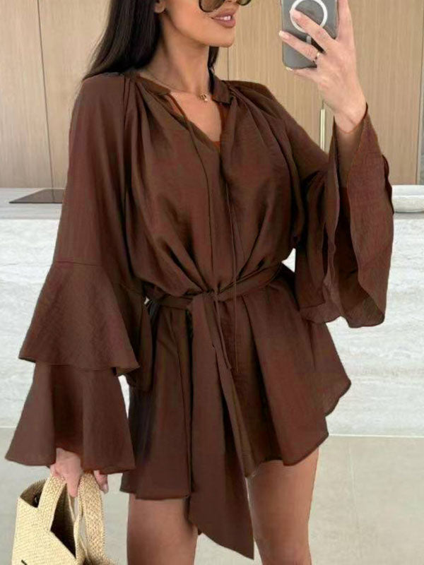 Flared Sleeves Loose Lace-Up Pleated Solid Color Split-Joint Tiered Round-Neck Mini Dresses