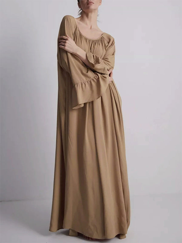 Flared Sleeves Loose Pleated Solid Color Split-Joint Round-Neck Maxi Dresses
