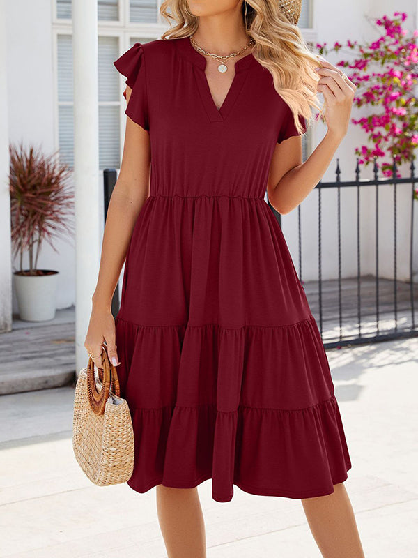 Loose Ruffle Sleeves Pleated Pockets Solid Color Split-Joint V-Neck Midi Dresses