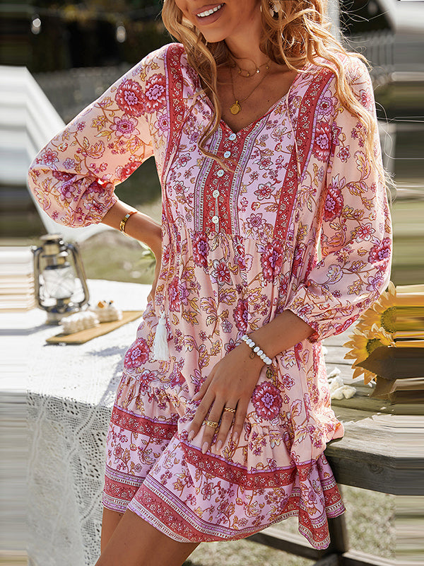 A-Line Loose Buttoned Contrast Color Flower Print Pleated V-Neck Mini Dresses