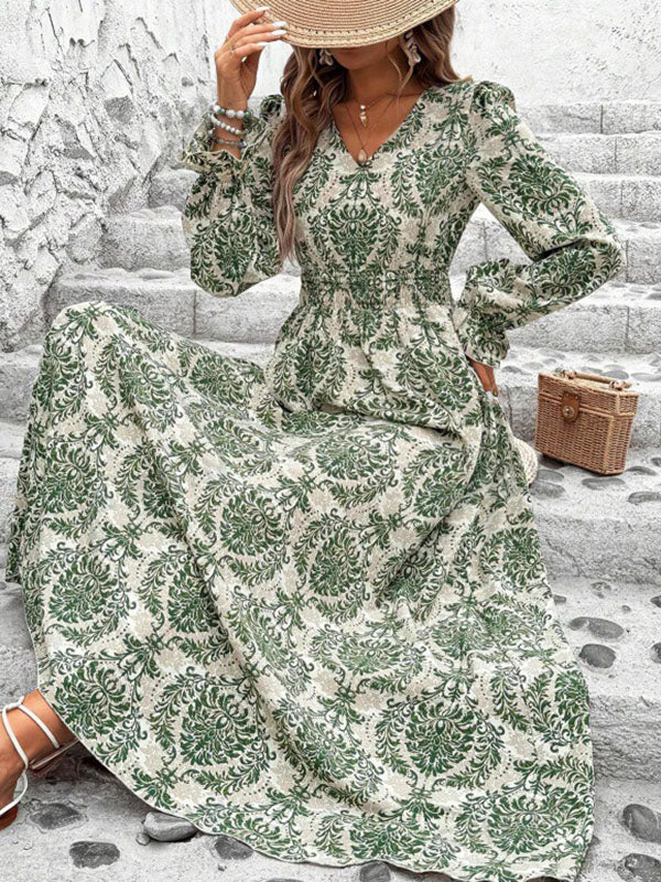 Loose Puff Sleeves Elasticity Printed Split-Joint V-Neck Maxi Dresses