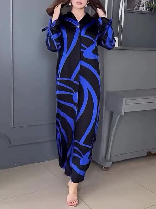 Long Sleeves Loose Buttoned Contrast Color Printed Maxi Dresses Shirt Dress