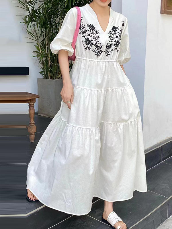 Bishop Sleeve Loose Embroidered Pleated V-Neck Midi Dresses
