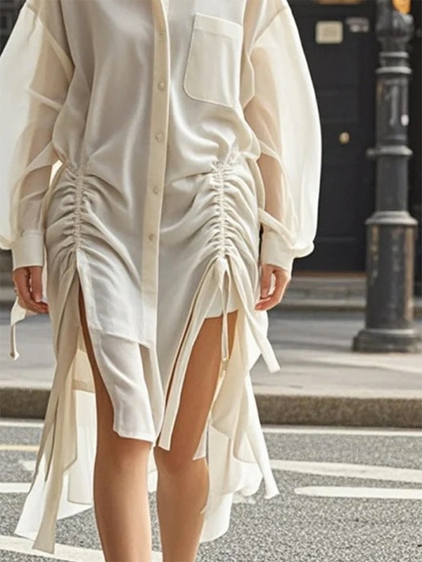 Long Sleeves Loose Buttoned Drawstring Pleated Pockets Solid Color Lapel Midi Dresses Shirt Dress