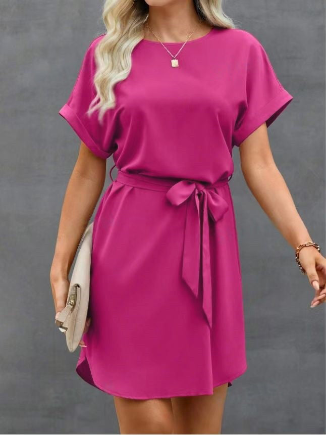 Loose Short Sleeves Solid Color Tied Waist Round-Neck Mini Dresses