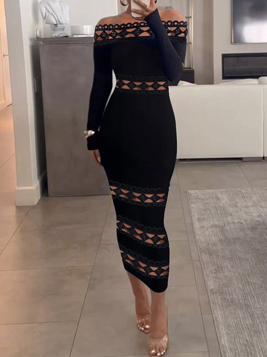 Bodycon Long Sleeves Hollow Solid Color Split-Joint Off-The-Shoulder Midi Dresses