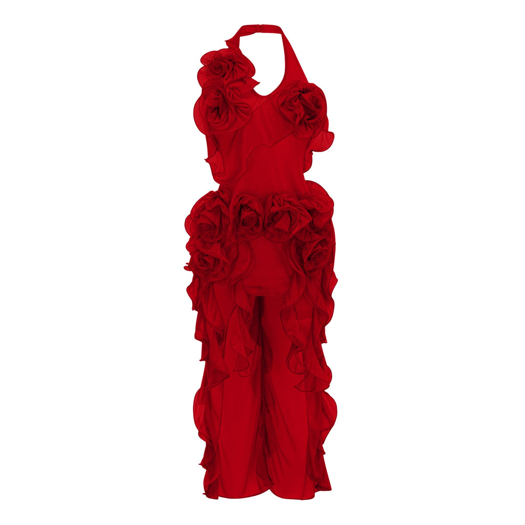 Hannabella Red Asymmetrical Ruffled Floral Mini Dress
