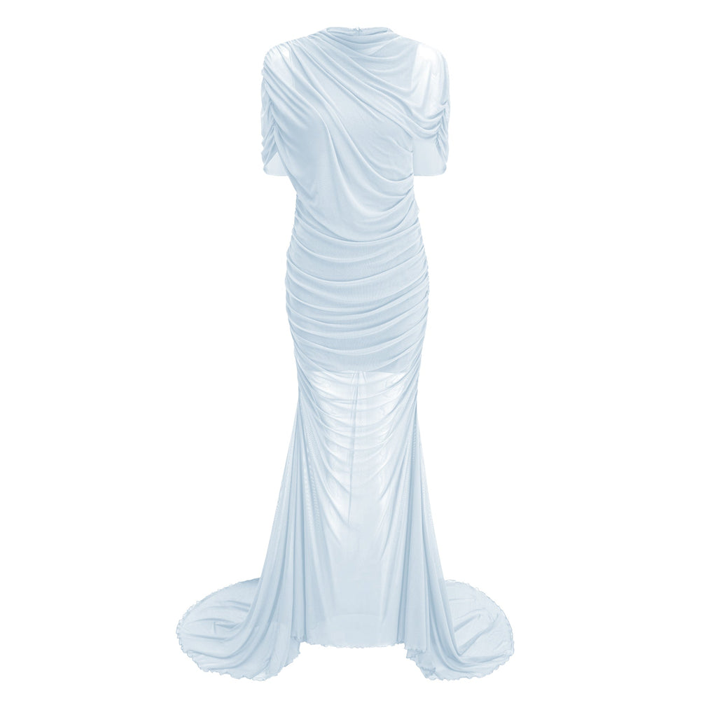 Sylphe Blue Asymmetrical Ruched Mesh Maxi Dress