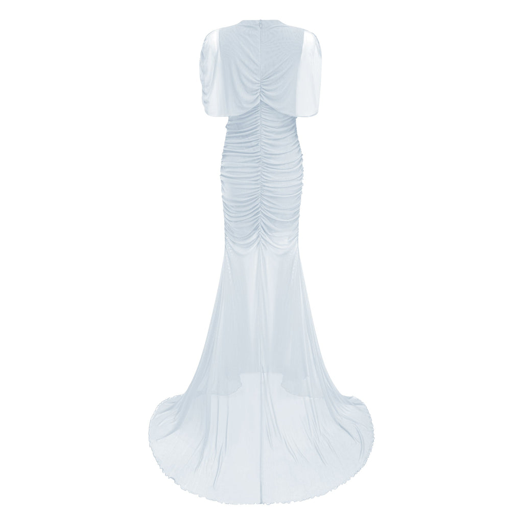Sylphe Blue Asymmetrical Ruched Mesh Maxi Dress