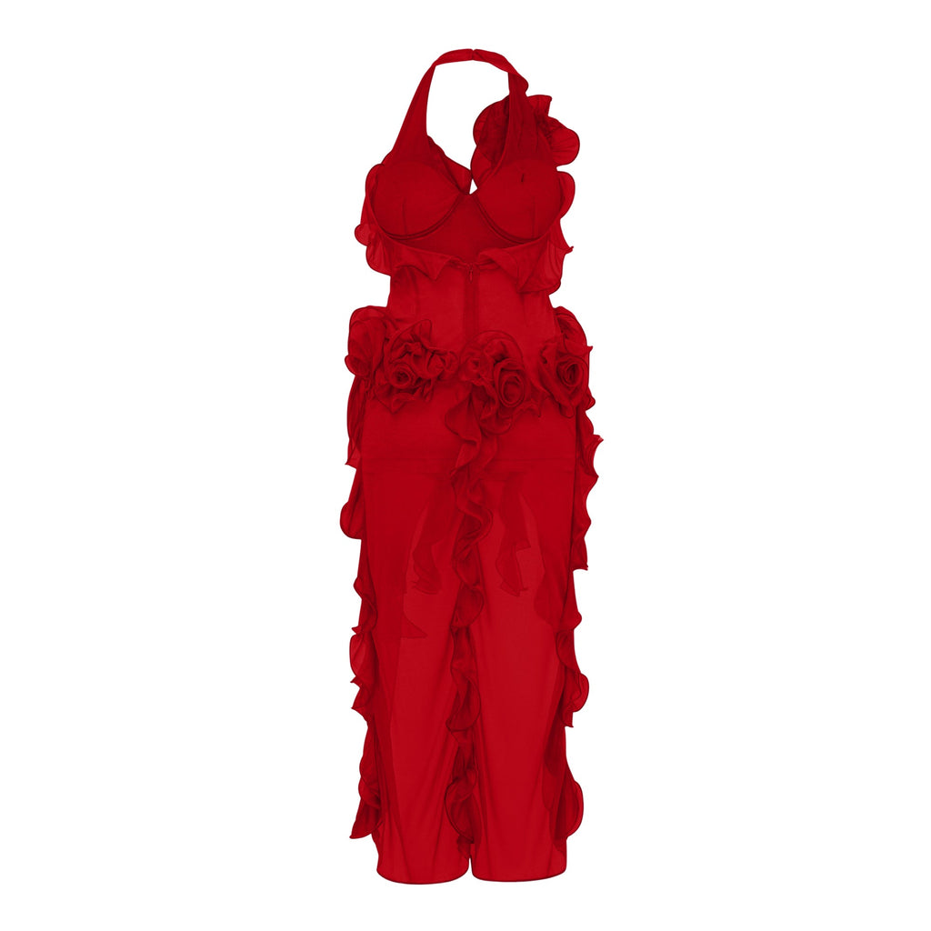 Hannabella Red Asymmetrical Ruffled Floral Mini Dress