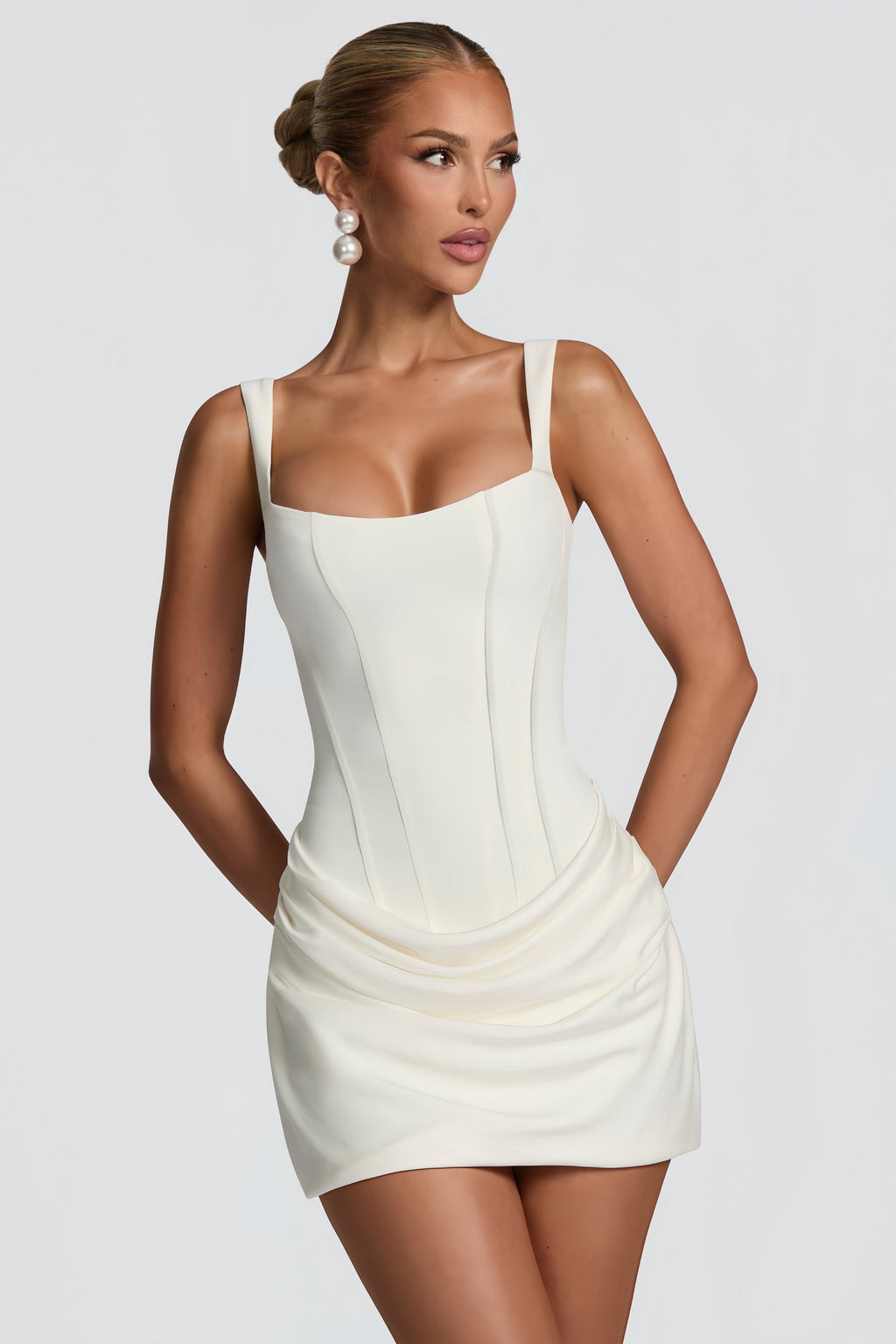 Paulette White Ruched Bodycon Mini Dress