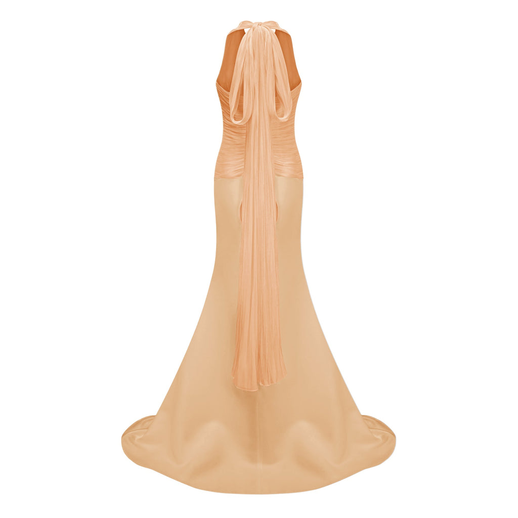 Emmeline Orange Train Design Gathered Maxi Dress