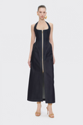 Adrienne black denim front-slit contrast-stitching maxi dress