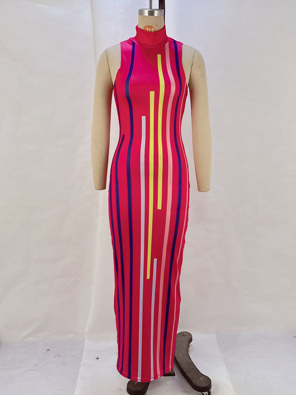 Bodycon High Waisted Contrast Color Printed High Neck Midi Dresses