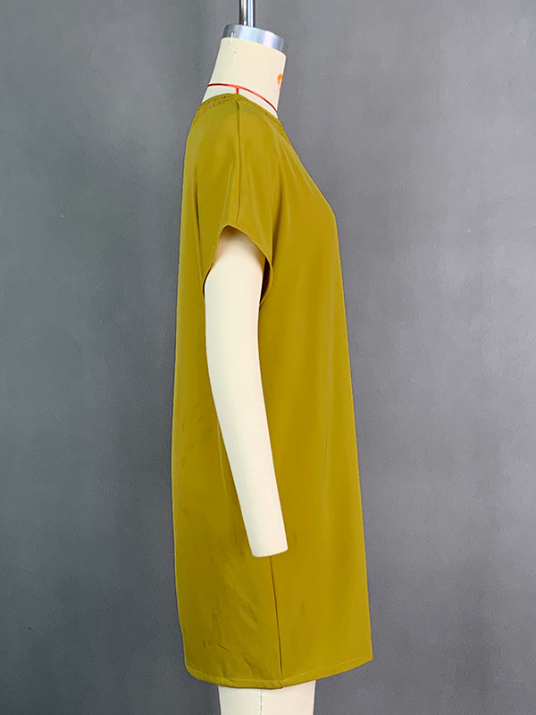 Loose Raglan Sleeve Mesh Split-Joint Round-Neck Mini Dresses