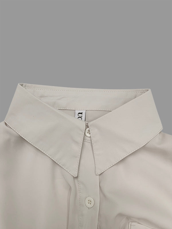 High-Low Long Sleeves Buttoned Drawstring Pleated Pockets Solid Color Lapel Midi Dresses