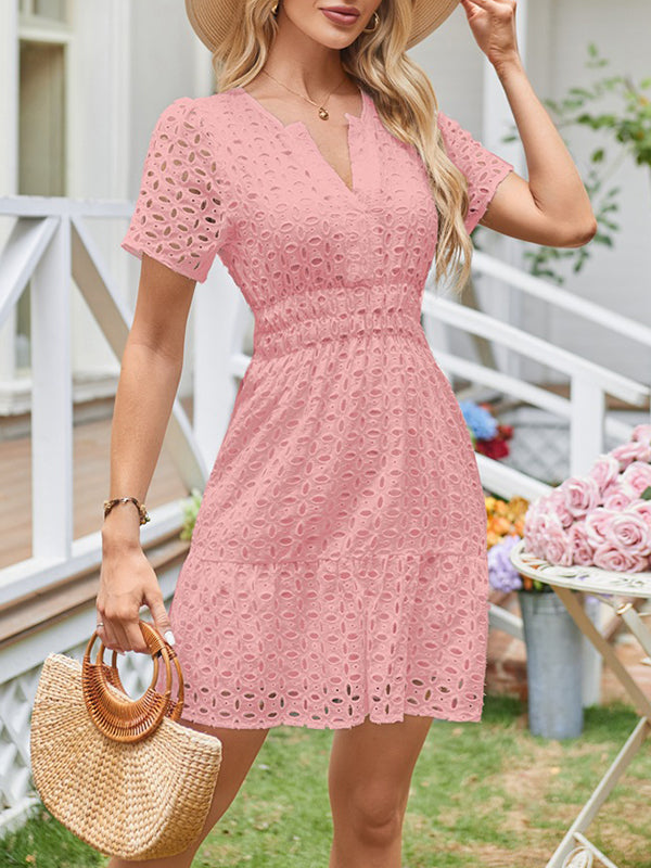 A-Line Loose Elasticity Hollow Pleated Solid Color Split-Joint V-Neck Mini Dresses