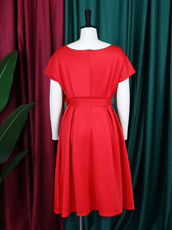 Bowknot Lace-Up Solid Color V-Neck Midi Dresses
