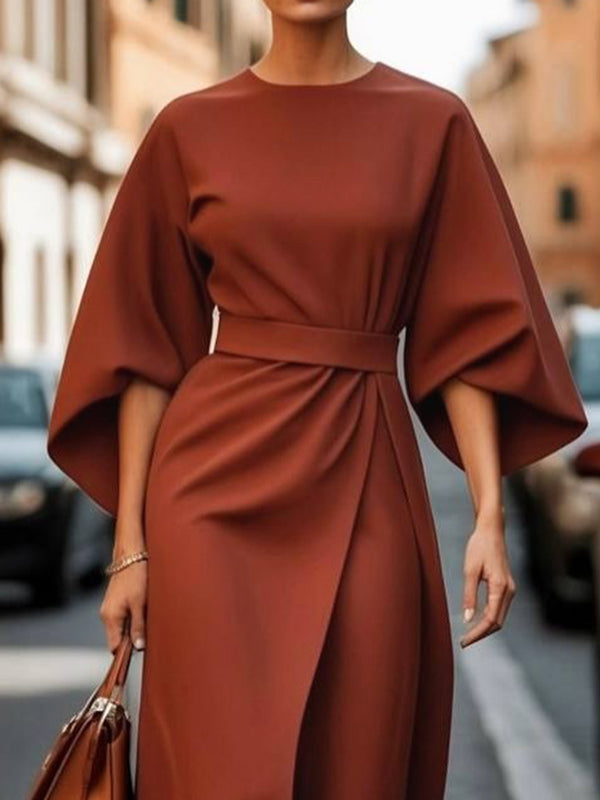 Loose Puff Sleeves Pleated Solid Color Split-Joint Round-Neck Midi Dresses